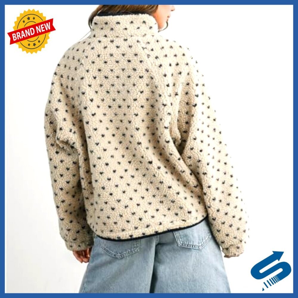 Slouchy Fleece Jacket Women Long Sleeve Button Down High Neck Polka Dot - Picture 2 of 7